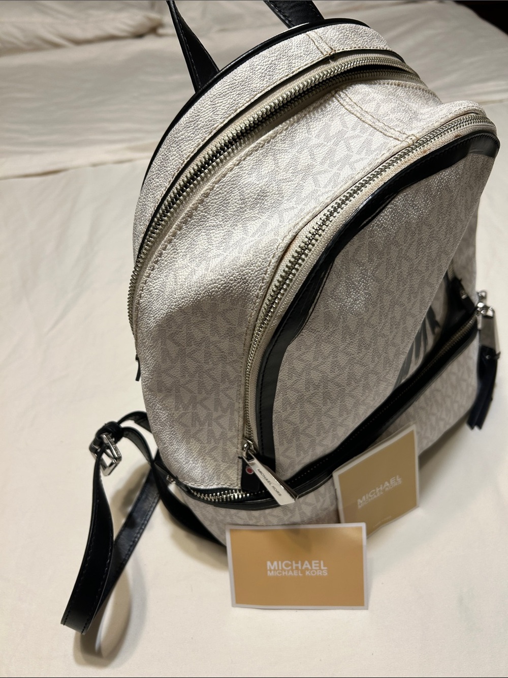 Michael Kors Cream Logo Mini Backpack with Black Trim